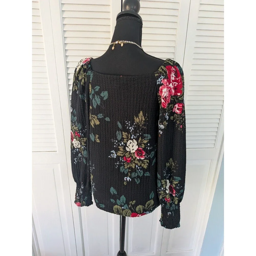 LOFT Top Women's M Multi Floral Blouse Peasant Whimsigoth Smocked Boho Puff Slv